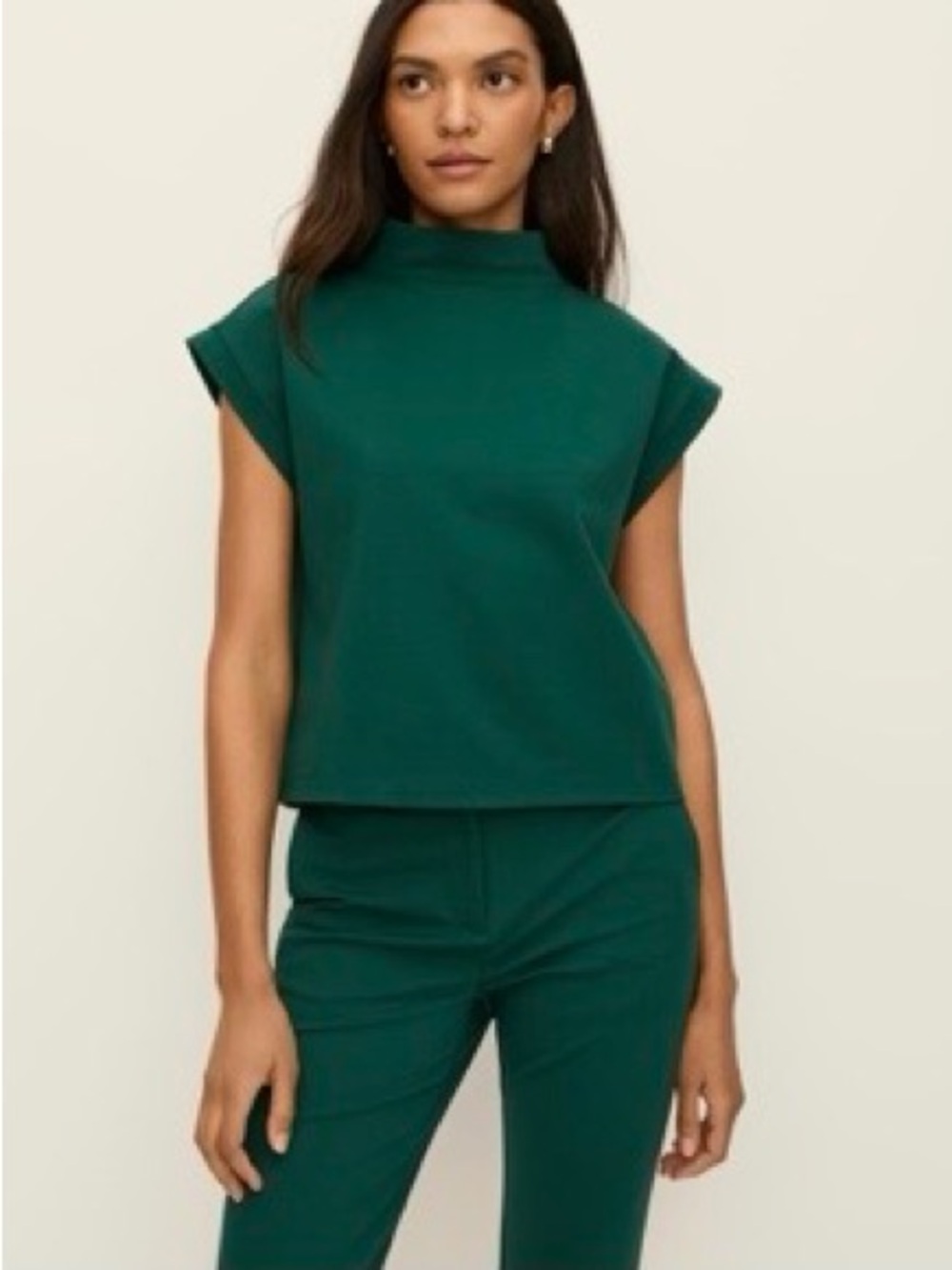 Ann Taylor Sleeveless Mock-Neck knit shell Top in Shad Tree.